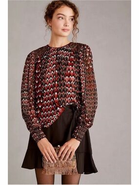 Anthropologie Blank London Sequin Shoulder Blouse Top Geo Print Long Sleeve XS